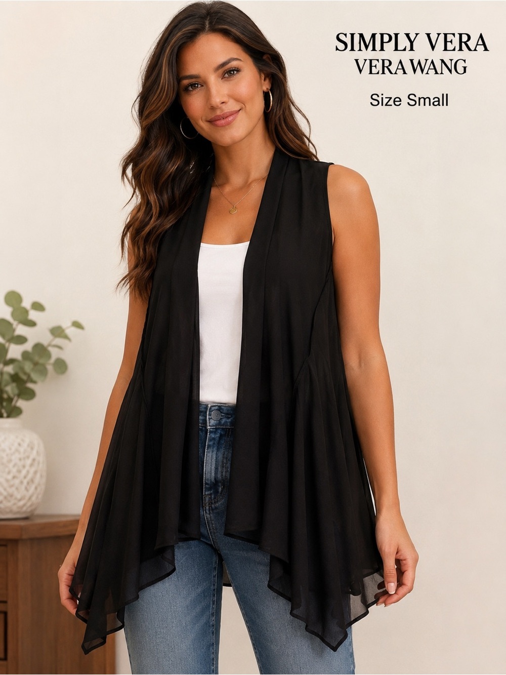 Simply Vera Vera Wang Black Waterfall Vest Size Small NWT Sheer Draped Layering